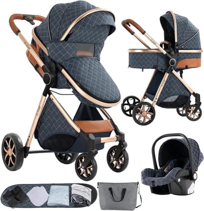 3-in-1 Kinderwagen - Babywagen Trio - Veilig Vervoer - Dubbele Duwmodus - 83 x 62 x 106 cm - Blauw