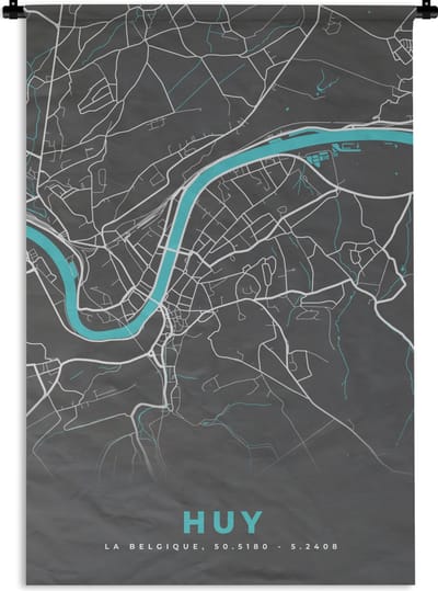 Wandkleed - Wanddoek - Plattegrond – Huy – Blauw – Stadskaart - Kaart - België - 120x180 cm - Wandtapijt