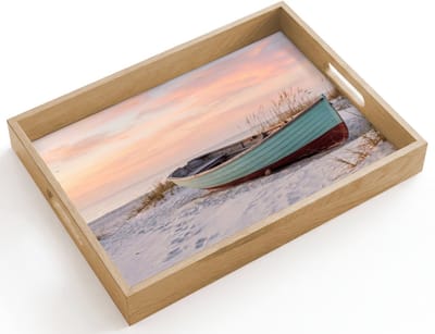 Dienblad hout 40x30 cm - Schootdienblad - Rustiek - Roeiboot - Zandstrand - Borrelplank rechthoek - Plateau dienbladen