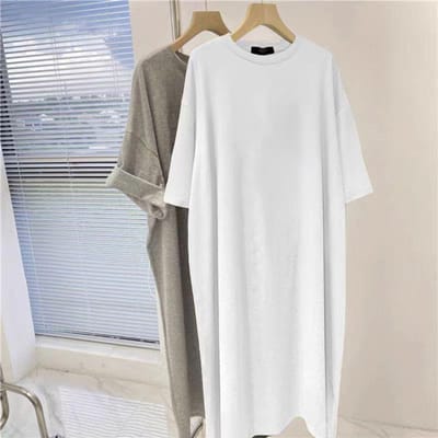 Katoenen Korte Mouw Lange Jurk Losse Grote Maat Knie T-shirt Rok Casual Medium en Lange Jurk Dames M white