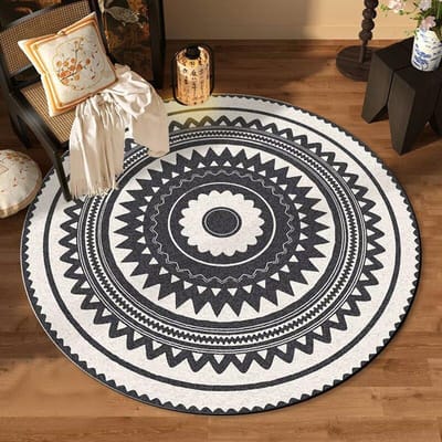 Rond Datura Bloementapijt Zwart Wit Slaapkamerdecoratie Stoelmat Antislip Garderobe Loungekleden Entree Vloermat Wasbaar 60*60cm