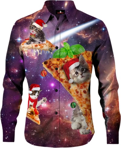 Kerst Overhemd Met Katten En Pizza's - Maat M - Fout Kerstmis Overhemd - Heren Overhemd - Dames Overhemd - Foute kersttruien - Kerst outfit - Kerstkleding -