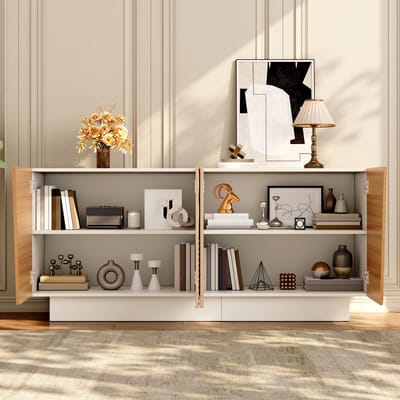 OKWISH Dressoir – Geometrische Rillenstructuur – 160 x 40,5 x 72 cm – 4 Deuren – 2 Opbergruimtes Met Verstelbare Planken – MDF En PB Wit Naturel