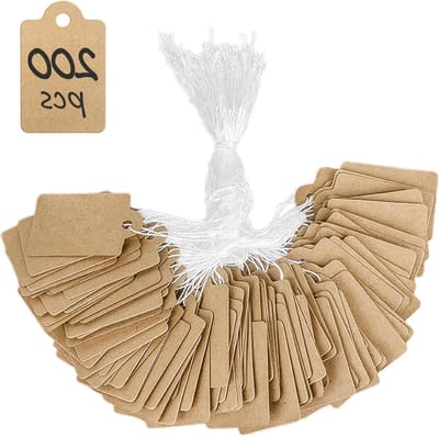 Set van 200 Kraft Prijsetiketten 2.5 cm, Schrijfbare Labels voor Kleding, Sieraden en Cadeaus, Lege Hangtags met Touwtjes, 3.5 x 2.2 cm