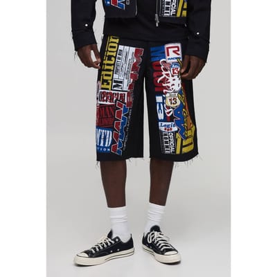 Ontspannen Pasvorm Gestapelde Print Lange Short | Black | Size Small