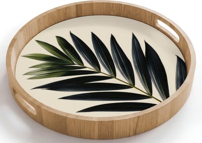 Dienblad rond 40x40 cm - Schootdienblad hout - Palmblad - Donkere bladen - Subtiel - Borrelplank rechthoek - Plateau houten dienbladen