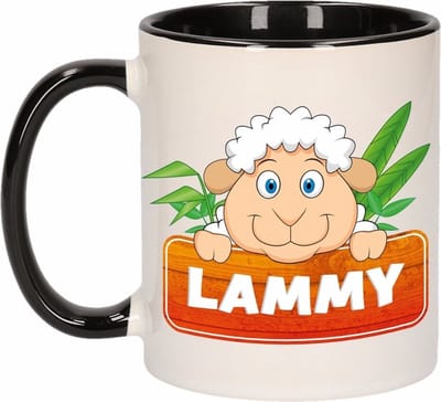 Lammy mok - zwart/wit - keramiek - 300 ml - kinder beker schaap
