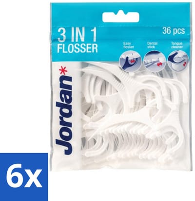 6 x Jordan Flosser 3-in-1 50 stuks per verpakking - 3-in-1 Flosser - Tandenstoker - Flosdraad - Tongschraper - Mondhygiëne