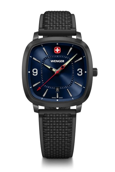 Montre WENGER VINTAGE SPORT pour homme avec boîtier en acier inoxydable (316L) Cadran bleu Bracelet en silicone noir Quartz Résistant à l'eau 50m Analogique [] 01.1921.112 noir
