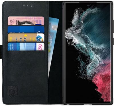 Rosso Deluxe Echt Leer Book Case Hoesje Geschikt voor Samsung Galaxy S22 Ultra | Ruimte voor drie pasjes | Portemonnee Book Case | Met Pasjeshouder | Zwart