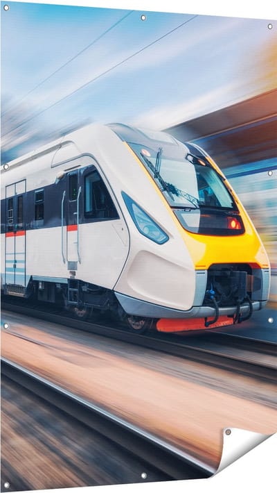 Gards Tuinposter Trein bij het Station - 100x150 cm - Tuindoek - Tuindecoratie - Wanddecoratie buiten - Tuinschilderij