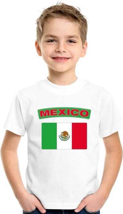 Supporters kleding - t-shirt van vlag Mexico - wit - voor kinderen - korte mouwen - sport 110/116