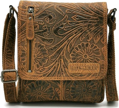 Hillburry Leren Crossbodytas met Reliëf Bloemen - TAN - (bxhxd) ca. 18cm x 20cm x 4cm
