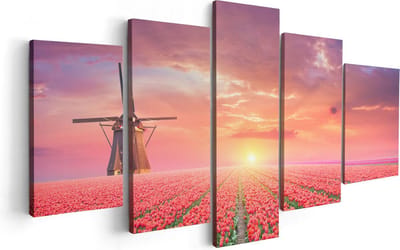 Artaza Canvas Schilderij Vijfluik Rode Rozen Bloemenveld Met Een Windmolen - 100x50 - Foto Op Canvas - Canvas Print