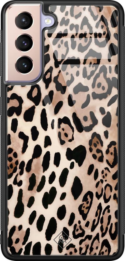 Casimoda® hoesje - Geschikt voor Samsung Galaxy S21 - Luipaard print bruin - Luxe Hard Case Zwart - Backcover telefoonhoesje - Bruin/beige