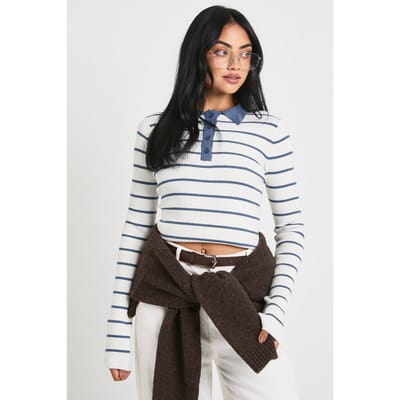 boohoo Dames Fijngebreide Top met Gestreepte Kraag | Blue | Maat: Small