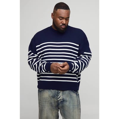Plus Gebreide Gestreepte Oversized Rondhals Trui | Dark Navy | Size 2XL