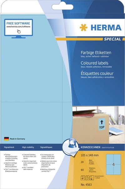 Etiketten A4 blau 105x148mm Papier matt abl�sbar 80St.