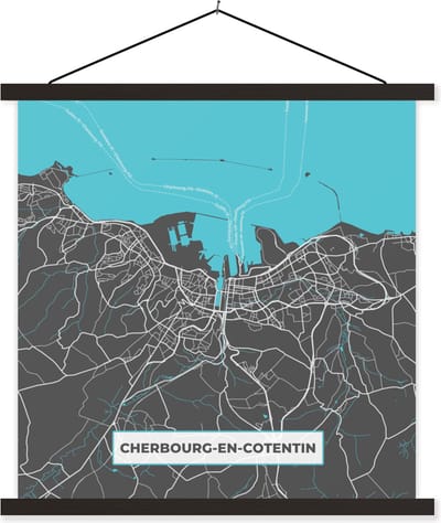 Posterhanger incl. Poster 60x60 cm - Schoolplaat - Cherbourg-en-Cotentin – Plattegrond – Frankrijk – Kaart – Stadskaart - Textielposter - Zwarte latten - Stadskaart