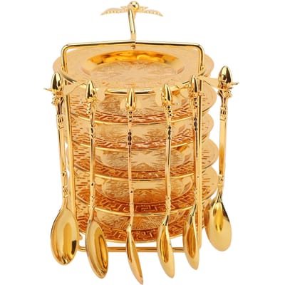 Bord Lepel Set met Opbergrek 6 Borden en 6 Lepels Europese Stijl Metalen Bestekset voor Steaks beige