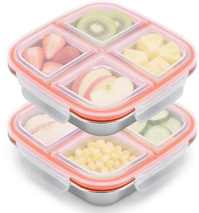 Dailygoods- Snackbox 4 vakken - 2 stuks - roestvrij staal - lekdicht - herbruikbare broodtrommel - metalen lunchbox 600 ml