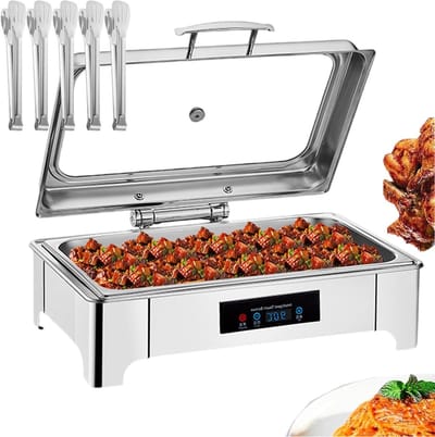 Elektrische Warmhoudplaat - Buffetwarmer Glazen Deksel - Gerechten Warm Houden - Touchscreen Temperatuurregeling - 135 Liter Inhoud - Zilverkleurig