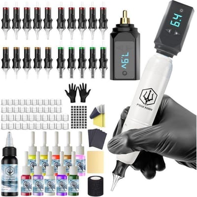 Tattoo kit - 1001 PILES BATTERIES - TK039 - Draadloos - 2 batterijen 1500mAh (4–12V, 9 niveaus) - 20 steriele patronen wit