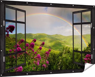 Gards Tuinposter Doorkijk Regenboog in de Heuvel Bossen - 180x120 cm - Tuindoek - Tuindecoratie - Wanddecoratie buiten - Tuinschilderij