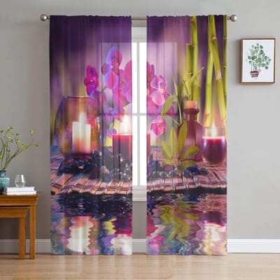 Violet Bamboe Steen Aromatherapie Transparant Gordijn voor Woonkamer Hal Muur Aankleding Huis Raam Benodigdheden Pop Print Tule Gordijnen 135W x 114H(cm) blue