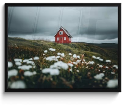 Poster in lijst - Fotolijst 70x50 cm - Posters - Heuvel - Huisje - Bloemen - Wit - Posterlijst zwart - Decoratie - Wanddecoratie woonkamer - Muurdecoratie slaapkamer
