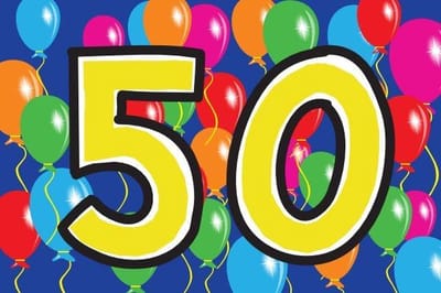 Verjaardagsvlag 50 jaar met ballonnen 200x300cm
