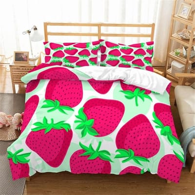 Rode Aardbei Schattige Beddengoedset 3D Roze Lieflijke Zomerfruit Dekbedovertrek King Queen Voor Kinderen Meisjes 2/3 stuks Polyester Dekbedovertrek EU single(135x200cm)