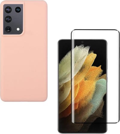 Solid hoesje Geschikt voor: Samsung Galaxy S21 Ultra Soft Touch Liquid Silicone Flexible TPU Rubber - Zand poeder  + 1X Screenprotector Tempered Glass
