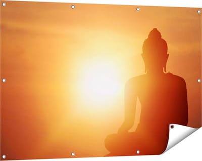 Gards Tuinposter Silhouet van een Boeddha Beeld met Zonsondergang - 120x80 cm - Tuindoek - Tuindecoratie - Wanddecoratie buiten - Tuinschilderij