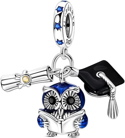 Fler® | Bedel | Past op populaire bedelarmbanden (standaard - 3mm) | Afstudeer Uil Bedel | Hangbedel Charm | 925 sterling zilver | Gele & transparante zirkonia | Blauwe & zwarte emaille | Valentijnsdag Cadeau | Sinterklaas kado | Kerstcadeau