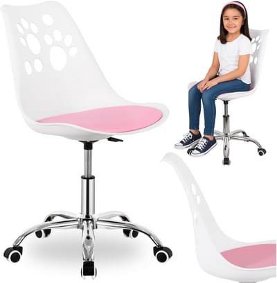 Dailygoods- Bureaustoel Ergonomisch - In Hoogte Verstelbaar - Draaistoel Kind - Bureaustoel voor Kinderen - Wieltjes - Wit-Roze Kussens - Kinderstoel