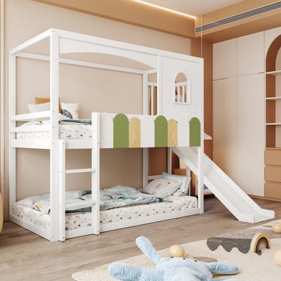 MODFU - Etagenbed – 90x200 cm – Met huisvormig frame, glijbaan & veiligheidsladder – Wit