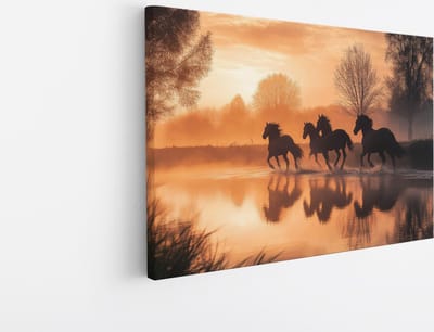 Saammp Canvas Schilderij - Paarden in zonsondergang - Natuur - Dieren - 45x30 - Foto op canvas - Wanddecoratie - Muurdecoratie Woonkamer - Slaapkamer decoratie - Canvas Print