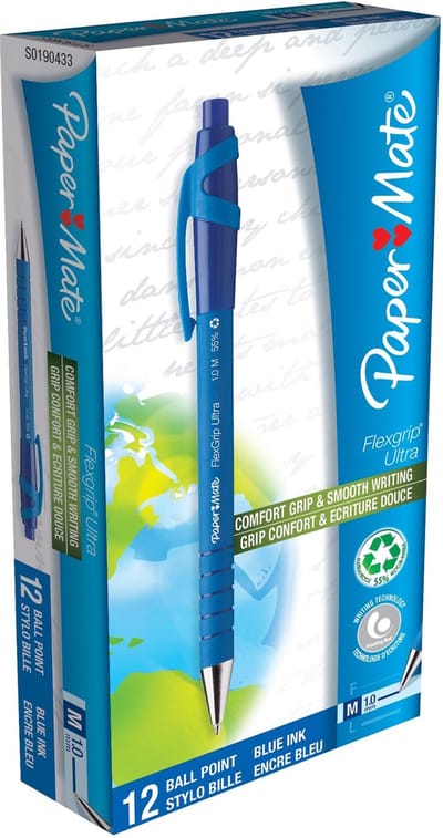 Paper Mate Flexgrip Ultra Intrekbare-balpennen | Medium punt (1,0 mm) | Blauw | 12 stuks