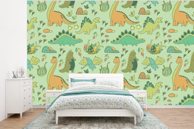 Behang - Fotobehang Patronen - Dino - Groen - Jongetje - Kind - Kinderen - Kids - Breedte 320 cm x hoogte 240 cm