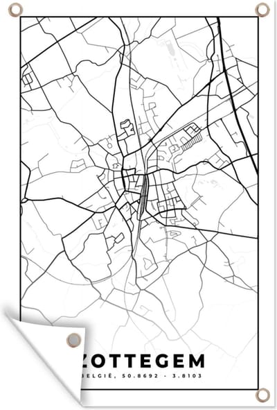 Muurdecoratie Zwart Wit – België – Plattegrond – Stadskaart – Kaart – Zottegem - 120x180 cm - Tuinposter - Tuindoek