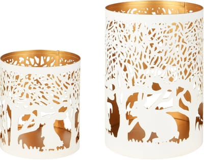 Dekoratief | Set 2 Waxinelichthouders 'Forest Hare', wit/goud, metaal, 10x10x15cm | A248202