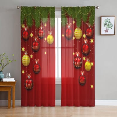 Kerstballen En Sparrentakken Tule Gordijnen Voor Woonkamer Slaapkamer Chiffon Transparant Voile Keukengordijn 135W x 114H(cm) brown
