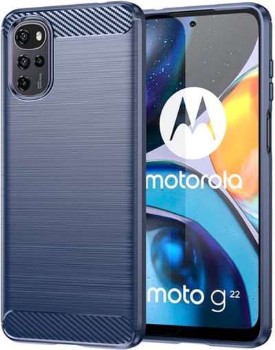 MobyDefend Hoesje - Geschikt voor Motorola Moto E32 / E32S - TPU Backcover - Geborstelde Metaal & Carbon-Look - Navy Blauw