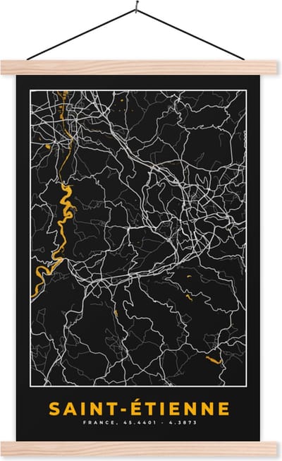 Posterhanger incl. Poster 40x60 cm - Schoolplaat - Kaart – Plattegrond – Frankrijk – Saint-Étienne - Stadskaart - Textielposter - Blanke latten - Stadskaart