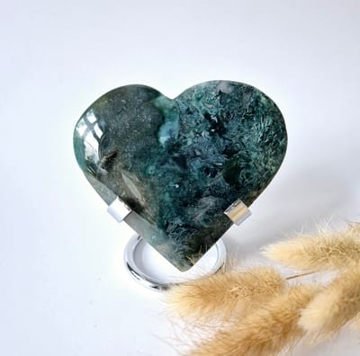 Edelsteen Grote Druzy Mosagaat Hart op Metalen Standaard – #58 188gram