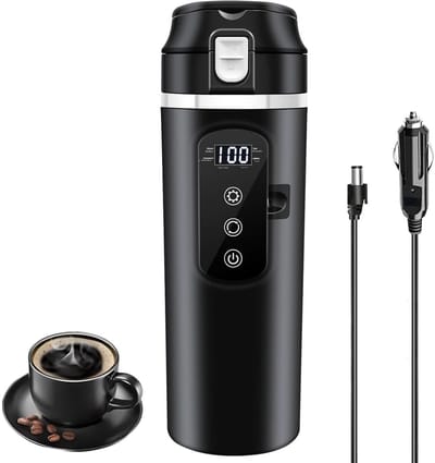 GELLDG Elektrische Waterkoker voor Campers - Reiskoffiezetapparaat met Anti-Lek Deksel - Uitloopveilige 12V/24V Auto Waterkoker - 500ml - 304 RVS Binnenkom - Instelbare Temperatuurregeling tot 100℃ - Geschikt voor Kamperen en Onderweg
