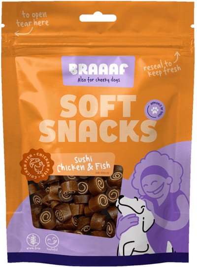 Braaaf Hondensnack Sushi Kip - Vis - 10 x 85 gr - Voordeelverpakking