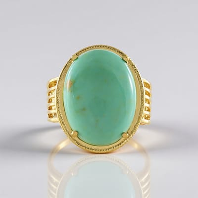 Cavill - Zilveren Ring met 12,3 ct Tyrone Turkoois Ovaal Cabochon - 925 Sterling Zilver Geel Verguld - Brede Elegante Ring - Turkoois Sieraden
