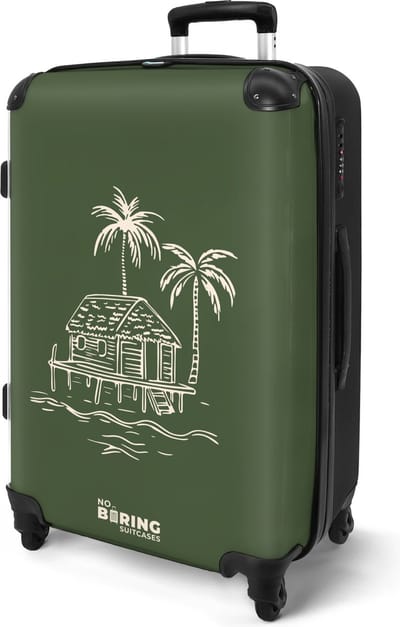 NoBoringSuitcases.com® - Koffer groot - Rolkoffer lichtgewicht heren - Groen met beige strandhuis - Vakantie reiskoffer met 4 wielen - Grote trolley XL - Travel suitcase large - 20 kg bagage - Ruimbagage medium met TSA slot